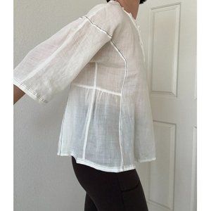 White Linen Prairie Top with Ruffled Collar, Green Piping, 100% Ramie